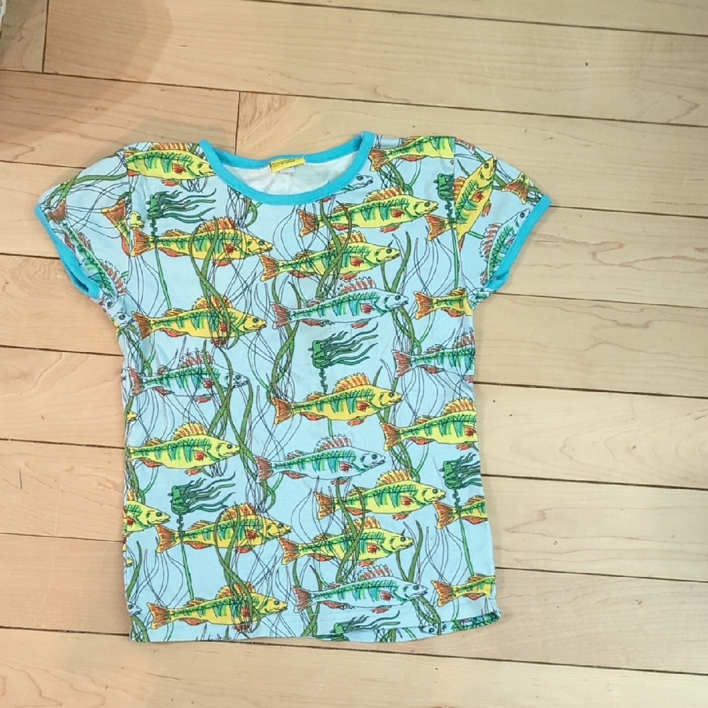 Duns Sweden Kid's Fish Print Tee in Light Blue and Yellow - 8 Years